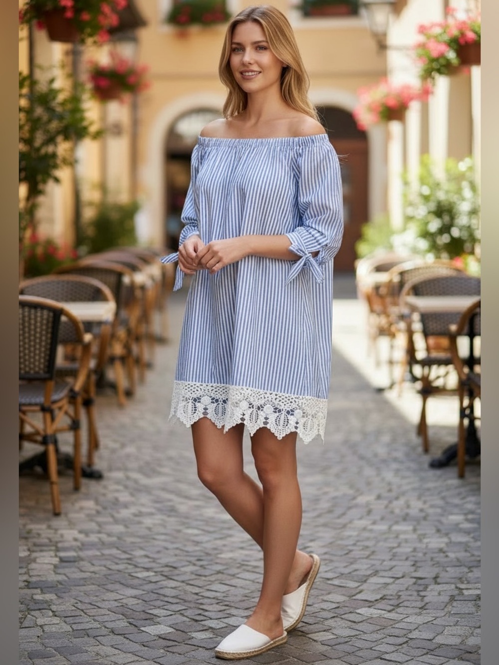 Off-Shoulder Blue & White Striped Boho Mini Dress with Crochet Lace Hem Size L